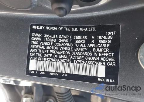 2018 Honda Civic Sport z USA, uszkodzony, nr VIN SHHFK7H49JU207072